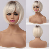 Short Straight Mixed Brown Blonde Synthetic Wigs with Side Bangs for Women Daily Party Bob Hair High Tempearture Fiber