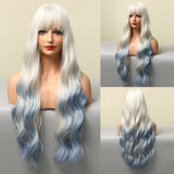 Long Wavy Synthetic Wigs with Bangs Ombre Dark Brown  Cosplay Hair Wigs for Women African American Heat Resistant Fibre