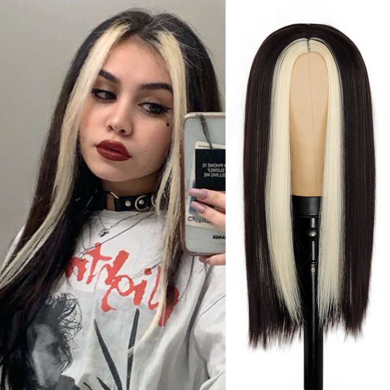 Xpoko Wig Fashion Long Black Straight Hair Wig Highlighting Green Hair For Girls With Cosplay Wig
