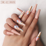 Xpoko Luxury 24PCS Set Full Cover Acrylic Coffin Long Fake Press On Nails With Designs With Adhesive Tabs Fingernail False Pink