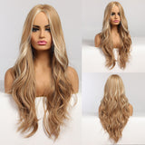 Synthetic Wigs Long Body Wave Ombre Brown Wigs for Black Women Afro Natural Middle Part Cosplay Hair Heat Resistant Fiber