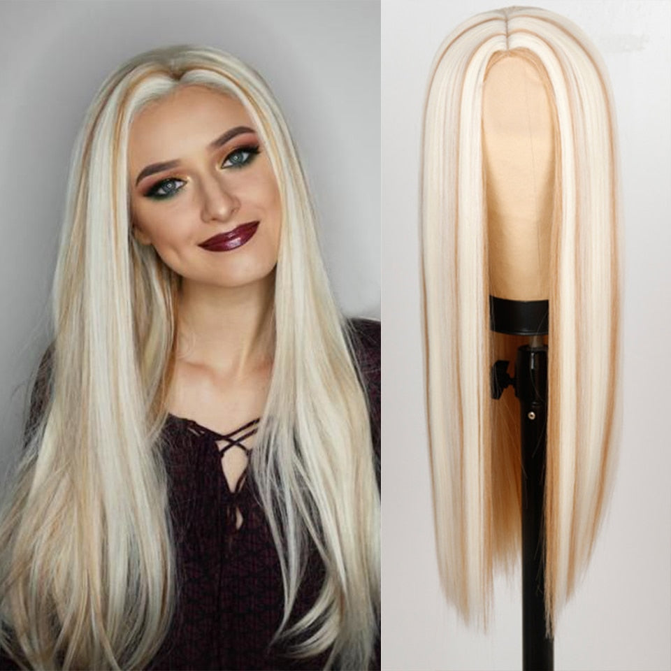 Xpoko Wig Brown Mixed Blonde Long Straight Wig Middle Part Straight Wig With Highlights For Women Wig