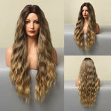 Long Water Wave Synthetic Wig For Women Ombre Brown Blonde Wig Natural Middle Part Cosplay Party Hair Heat Resistant Fiber