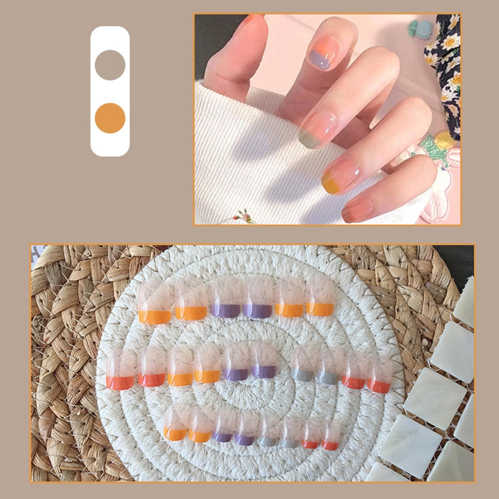 French Detachable Colorful Manicure Fake Nails Short Wearable Coffin False Nails Full Cover Nail Tips Rainbow Design Press Nail