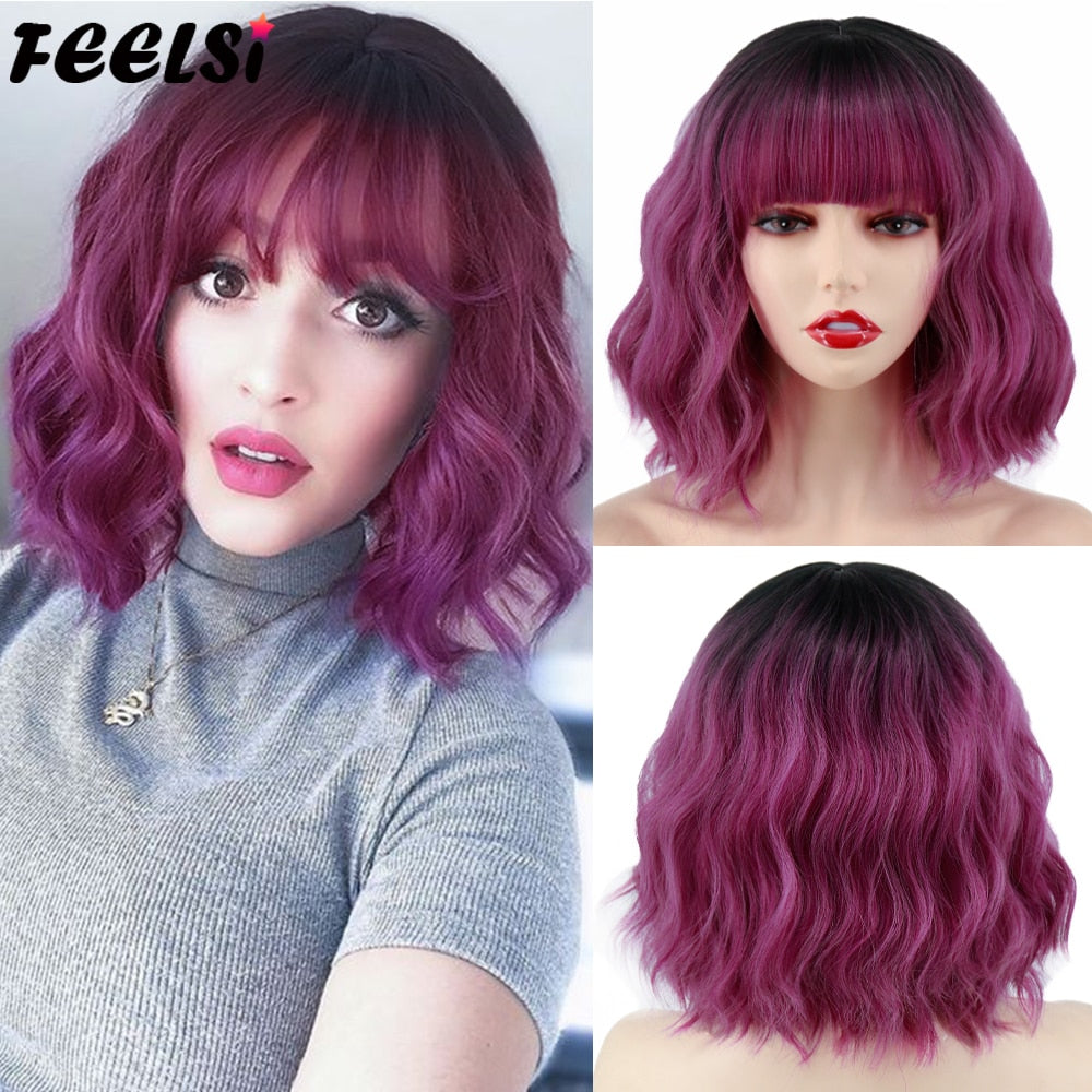 Back to School Synthetic Wig Short Platinum Blonde Ombre Wavy Wig Dark Roots With Bangs  For Women Shoulder Length Natural Looking Daily Use