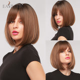 Xpoko EASIHAIR Shoulder Length Bobo Synthetic Wig With Bang Ombre Mixed Brown Blonde Wigs For Women Heat Resistant Hair Natural Soft