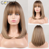 Medium Straight Bob Synthetic Wig With Bangs Blonde Honey Wigs For Women Cosplay Daily Hair Wig Heat Resistant Fiber