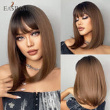 Xpoko EASIHAIR Shoulder Length Bobo Synthetic Wig With Bang Ombre Mixed Brown Blonde Wigs For Women Heat Resistant Hair Natural Soft