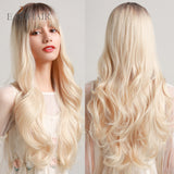 Xpoko EASIHAIR Platinum Blonde Wavy Wigs With Bangs Natural Heat Resistant Long Hairs With Dark Root For Women Daily Party Cosplay