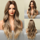 Long Wavy Ombre Blonde White Synthetic Wigs for Women Cosplay Daily Party Middle Part Hair Wigs High Temperature Fiber