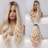 Long Water Wave Synthetic Wig For Women Ombre Brown Blonde Wig Natural Middle Part Cosplay Party Hair Heat Resistant Fiber