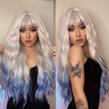 Back to School Long Water Wave Synthetic Wigs With Bangs Ombre White Blonde Blue Cosplay Party Wigs For Women Heat Resistant Hair