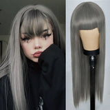 Xpoko Wig Long Straight Long Wig Bangs Mixed Black And White Wig Heat-Resistant Fiber Suitable For Women