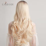 Xpoko EASIHAIR Platinum Blonde Wavy Wigs With Bangs Natural Heat Resistant Long Hairs With Dark Root For Women Daily Party Cosplay