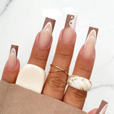 Xpoko Long Coffin False Nails DIY French Ballerina Fake Nails Women Full Cover Nail Tips Press On Nails With Glue Nails Accessories