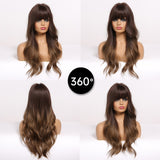 Long Water Wavy Synthetic Wigs with Bangs Ombre Dark Brown Cosplay Hair Wig for Women African Heat Resistant Fiber Wig