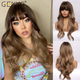 Long Water Wavy Synthetic Wigs Omber Chocolate Brown Blonde Cosplay Wig with Bangs for Women Heat Resistant Fiber Hair