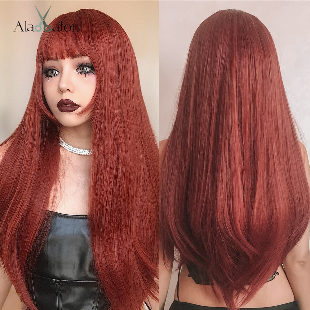 Back to School Long Straight Synthetic Wigs For Women Red Brown Copper Ginger Wigs With Bangs Cosplay Daily Party Heat Resistant