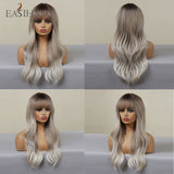 Xpoko EASIHAIR Ombre Gray Ash Wavy Wigs With Bang Light Blonde Platinum Synthetic Long Hair For Women Daily Party Heat Resistant Fiber