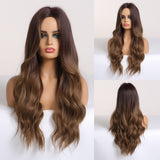 Long Water Wave Synthetic Wig For Women Ombre Brown Blonde Wig Natural Middle Part Cosplay Party Hair Heat Resistant Fiber