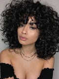 Xpoko Short Hair Black Kinky Curly Synthetic Wigs With Bangs For Black Women Afro Cosplay Party Wigs High Temperature Fiber