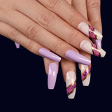 24pcs False Nails Ballet Purple Leopard Print Mid-length Coffin Paragraph Press on Long Ballerina Women Manicure Patch Wearable