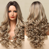 Long Loose Wave Synthetic Wigs Ombre Brown Champagne Blonde Wig For Women Heat Resistant Middle Part Cosplay Fake Hair