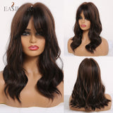 Xpoko EASIHAIR Long Bobo Brown Wigs With Bang Medium Length Curly Wavy Synthetic Wigs For Women Daily Party Heat Resistant Fiber Hairs