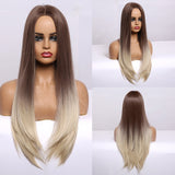 Long Straight Natural Middle Part Wig Ombre Brown Blonde Golden Heat Resistant Synthetic Wigs for Women Cosplay Party Hair