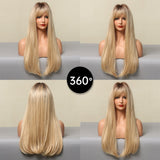 Ombre Brown Blonde Golden Synthetic Wig with Bangs Natural Long Straight Cosplay Wigs for Women High Temperature Fake Hair