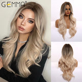 Synthetic Wig Long Wave Ombre Brown White Blonde Wavy Wigs With Bangs For Women Party Cosplay Heat Resistant Fiber Hair