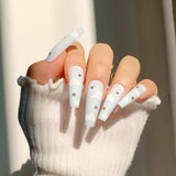 24pcs/Set Cloud Long Coffin Fake Nails Simple Heart Flame Rhinestone Pattern Acrylic False Nails Wave Manicure Full Nail Tips