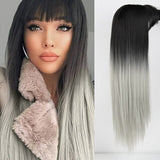 Xpoko Wig Long Straight Long Wig Bangs Mixed Black And White Wig Heat-Resistant Fiber Suitable For Women