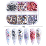 6Grids Black Nail Flakes Sequins Butterfly Hexagon Silk Line Winter Design Nail Art Decoration Paillette Manicure Tips GL1909-28