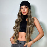 Long Wavy Synthetic Wigs with Bangs Ombre Dark Brown  Cosplay Hair Wigs for Women African American Heat Resistant Fibre