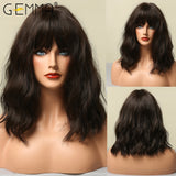 Medium Wavy Dark Brown Bob Synthetic Wigs with Bangs Natural Cosplay Heat Resistant Hair for Black Women African American