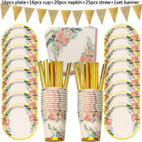 Xpoko 78Pcs Vintage Floral Gold Disposable Tableware Set Paper Straw Plate Paper Cup Adult Birthday Party Tea Party Wedding Decoration