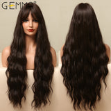 Long Water Wave Synthetic Wigs with Bangs Natural Black Dark Brown Cosplay Daily Heat Resistant Hair Wigs for Women Afro