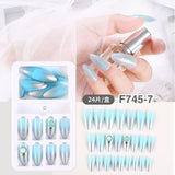 24Pcs/Box Detachable Gradient Transparent False Nails Pink Butterfly Rhinestone Stiletto Sharp Fake Nails Full Cover Manicure