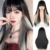 Xpoko Wig Long Straight Long Wig Bangs Mixed Black And White Wig Heat-Resistant Fiber Suitable For Women