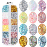 12Grids Sugar Nail Powder Red Sand Coating Shiny Dipping Glitter Powder Mixed Hexagon Sequins Design Manicure Flakes Dust GLRD05