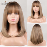 Xpoko EASIHAIR Shoulder Length Bobo Synthetic Wig With Bang Ombre Mixed Brown Blonde Wigs For Women Heat Resistant Hair Natural Soft