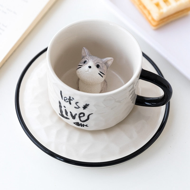 Xpoko Cute Cat Ceramics Mug With Tray Handle Coffee Milk Tea Porcelain Cup 220Ml Pet Cat Lovers Kitchen Tool Lovely Creative Gifts