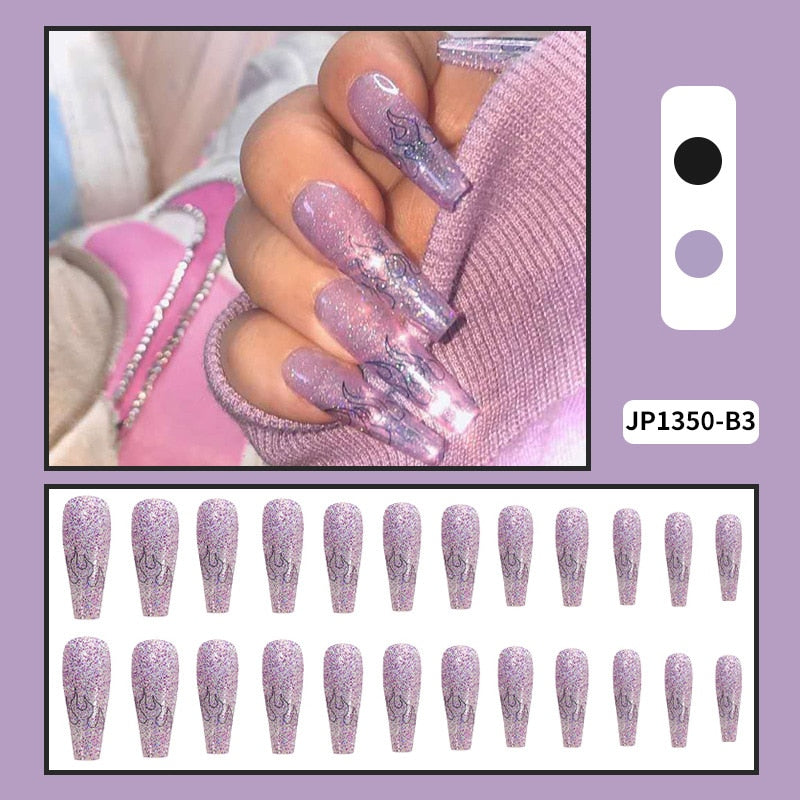 24PCS Set Press on Nails Coffin Pre Designed Acrylic Long Matte Colored Fake Fingernail JP1754-B1