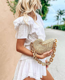 Back to school Fashion Thick Chains Rattan Conch Women Shoulder Bags Design Wicker Woven Handbags Luxury Summer Beach Straw Bag Bali Purse 2023