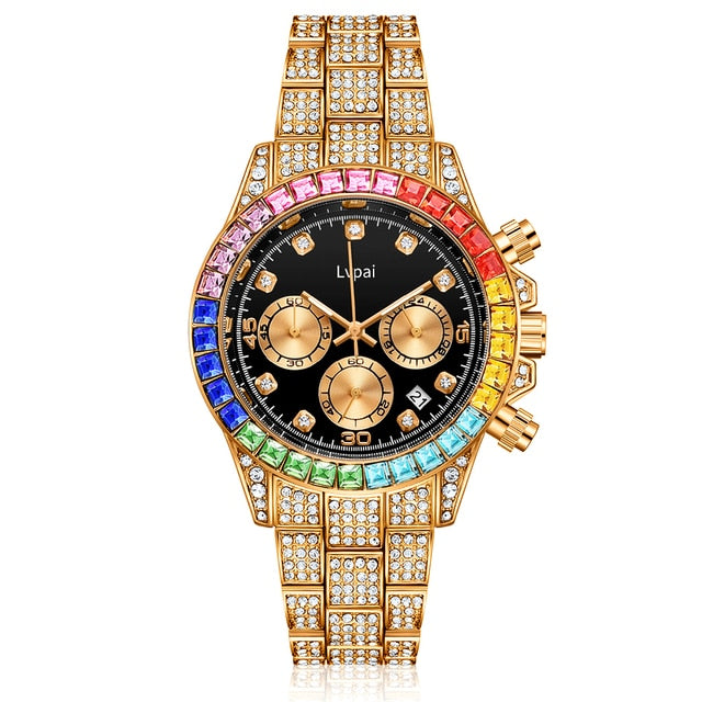 Xpoko Lvpai Brand Quartz Watches With Micro Pave Iced Out Colorful Stones Cubic Zirconia Stainless Steel Hip Hop Clock For Gift