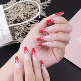 24Pcs/Set Long Coffin Flame Design False Nail Women French Black Full Cover Fake Nails with Glue Bow Glitter DIY Manicure Art