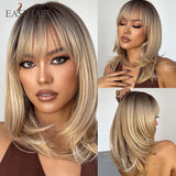 Xpoko EASIHAIR Shoulder Length Bobo Synthetic Wig With Bang Ombre Mixed Brown Blonde Wigs For Women Heat Resistant Hair Natural Soft