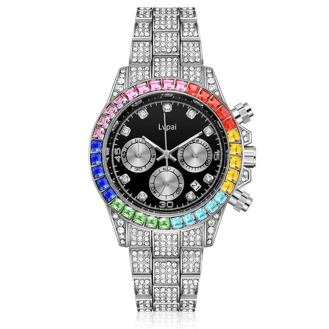 Xpoko Lvpai Brand Quartz Watches With Micro Pave Iced Out Colorful Stones Cubic Zirconia Stainless Steel Hip Hop Clock For Gift