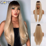 Ombre Brown Blonde Long Straight Synthetic Wigs with Bangs Cosplay Wig for Women High Temperature Natural Fake Hair